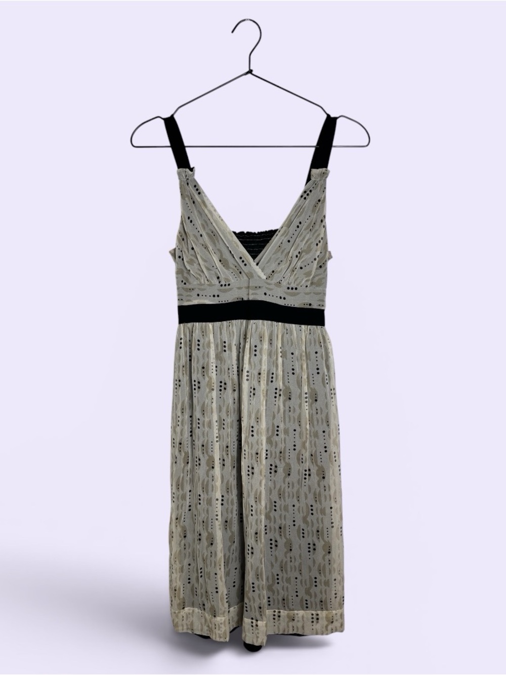 Johnathan Martin Y2K Empire Waist Sleeveless Smocked Black Beige Midi Dress